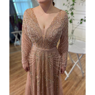 Gold A-Line Luxury Sexy Evening Dress 2024 - Pearls Crystal Long Sleeves Formal Gown