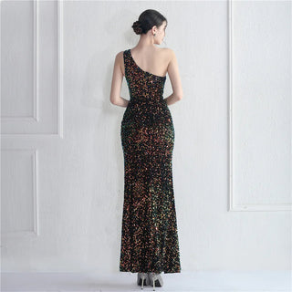 Sexy Black Velour Sequin Evening Dress with Slit - Slash Neck Party Maxi Prom Dress