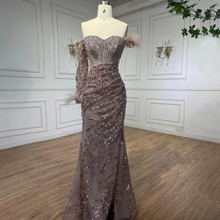 Rose Gold Off-Shoulder One-Sleeve Mermaid Feather Evening Dress - High Split Party Gown for Women