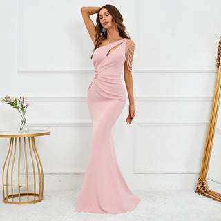 Sexy Rose Red Satin Evening Dress with Slit - Pleated Beaded Party Maxi Dress