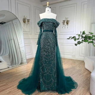 Arabia Nude Mermaid Boat Neck Evening Dress with Overskirt - Luxurious Attire for Women's Wedding Party 2024