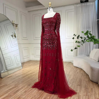 Caramel Mermaid Long Evening Dress with Beaded Cape Sleeves - Elegant Gown for Women's Wedding Party