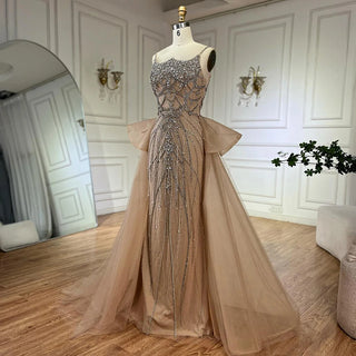 Nude Beaded Spaghetti Strap Evening Gown with Overskirt – Custom 2025 Saudi Design