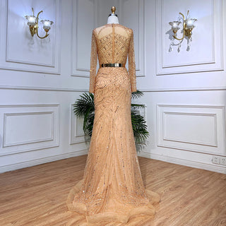 Ships in 1 to 3 Days - 2024 Muslim Gold Mermaid Evening Dress - Luxury Elegant Beaded Gown with Sashes for Women’s Parties