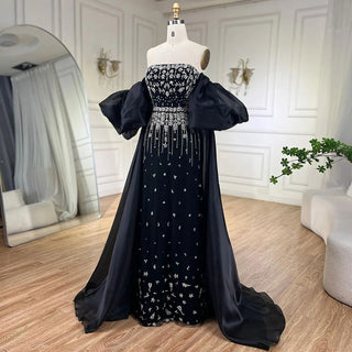 Ships in 1 to 3 Days - Black Mermaid Evening Gown with Puff Sleeves: Beaded Overskirt Design for Women's Party