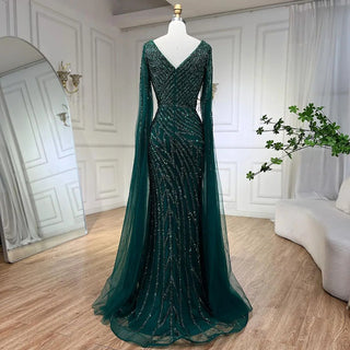 Arabic Mermaid Blue Beaded Elegant Cape Sleeves Luxury Evening Dress Gown for Women Wedding Party 2024