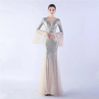 Elegant Long Sleeve Sequin Evening Dress - Gold Mesh Party Maxi Dress