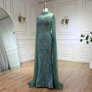 Ships in 1 to 3 Days - 2024 Nude Cape Sleeves Mermaid Lace Beaded Luxury Dubai Long Evening Dress - Perfect for Women's Wedding Parties