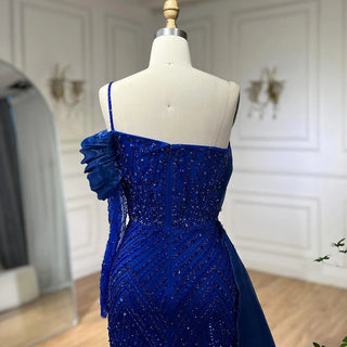 Ships in 1 to 3 Days - Blue Mermaid Elegant One-Shoulder Evening Dress with Luxury Pearls Beading - Women's Wedding Party Gown (2024)