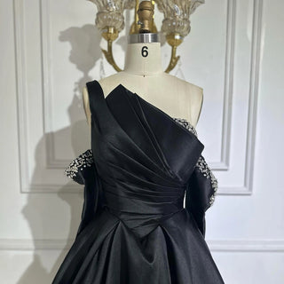 2025 Black One-Shoulder Satin A-Line Beaded Evening Gown with Sleevelets for Women’s Party - Saudi Dress