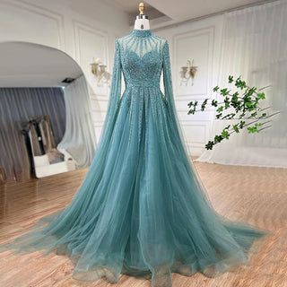 Arabic Turquoise A-Line Evening Dress 2024 with Beaded Detailing and Cape Sleeves - Ideal for Women's Wedding Party