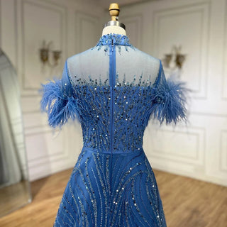 Ships in 1 to 3 Days – Arabic Blue A-Line Sleeveless Luxury Evening Dress: Beaded Feathers for Women's Wedding Party