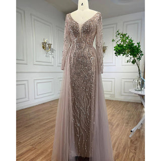 Arabic Caramel Mermaid Evening Gown 2024: Elegant With Overskirt, Beaded Luxury for Women's Party