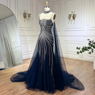 Blue Spaghetti Strap Long Cloak Mermaid Beaded Lace-Up Luxury Evening Dresses Gowns for Women Wedding Party