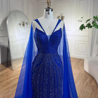 Ships in 1 to 3 Days - Arabic Blue Mermaid Elegant Evening Gown 2024: Cape Sleeves, Beaded, for Women's Wedding Party