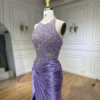 2025 Arabic Lilac Halter Neck Side Slit Mermaid Luxury Dubai Evening Gown Beaded Dress for Women's Party