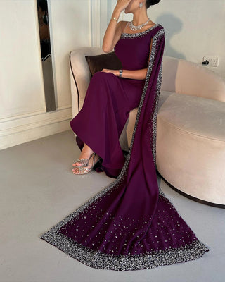 Arabic Luxury: Burgundy One-Shoulder Evening Dress with Cape Sleeve - Elegance for Women's Wedding and Dubai Formal Party Gowns