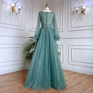 Ships in 1 to 3 Days - Turquoise A-Line Evening Dress 2024: Long Sleeves, Beaded Luxury - Ideal for Women's Party