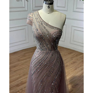 Arabic Pink Mermaid One Shoulder Sexy High Split Beaded Evening Dress - Women's Wedding Party Gown 2024