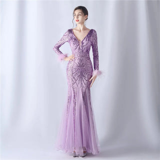 Sexy Gold Sequin Feather Long Sleeve Prom Dress - Evening Party Maxi Dress for Women