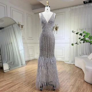 Dubai Luxury Feathers Mermaid Evening Gown - V-Neck Sleeveless Sparkle Evening Dress