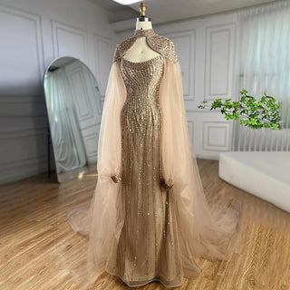 Dubai Caramel Dream: 2024 Mermaid Long Cloak Beaded Pearls Luxury Evening Gown - Dress for Women's Wedding Party