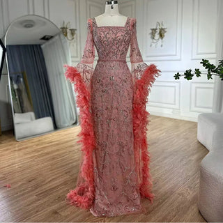 Ships in 1 to 3 Days - 2024 Luxury Peach Mermaid Evening Dress - Flared Sleeves Beaded Feather Gown for Women’s Parties