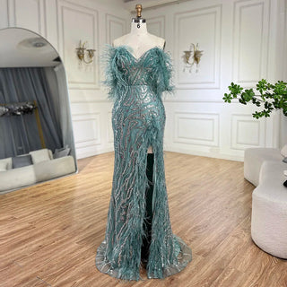 Turquoise Spaghetti Strap High-Split Mermaid Beaded Feathers Evening Gown for Women Wedding Party 2024