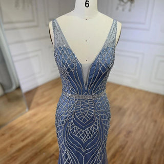 2024 Blue Mermaid Elegant Spaghetti Straps Beaded Luxury Evening Dress - Gown for Women's Wedding Party