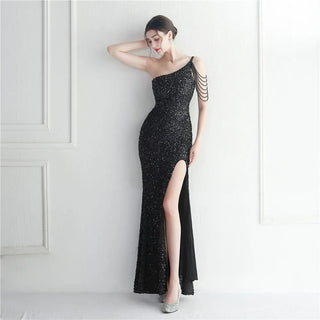 Sexy Sequin Beaded Evening Dress with Slit - Slash Neck Maxi Prom Party Dress