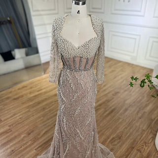 Ships in 1 to 3 Days - Dubai Luxury Pearls Beaded Nude Elegant Arabic Mermaid Evening Dress for Women - Wedding Party 2024