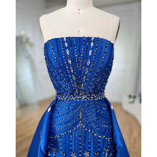 2024 Blue Strapless Mermaid Evening Gown with Overskirt: Beaded Elegance for Formal Occasions - Women's Party Attire