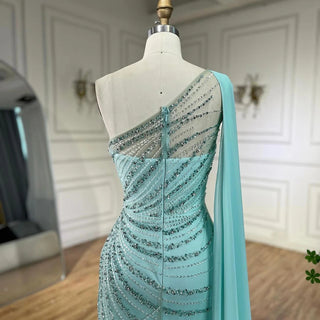 Ships in 1 to 3 Days - Mint Mermaid One-Shoulder With Overskirt Beaded Feathers Evening Dress - Gown for Women's Wedding Party