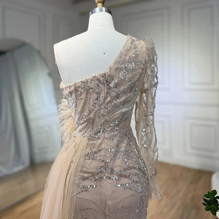 Caramel Mermaid Evening Gown 2024 with Overskirt and One-Shoulder Beaded Feathers - Perfect for Women's Parties