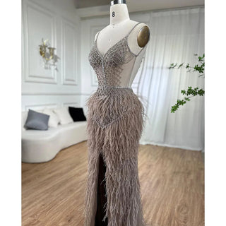 Arabic Pink Mermaid Split Feathers Beaded Formal Sexy Prom Dress - Women's Wedding Party 2024