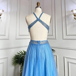 Blue Sexy A-Line 2024 Beaded Halter Prom Dress: Celebrity Graduation School Party Gown