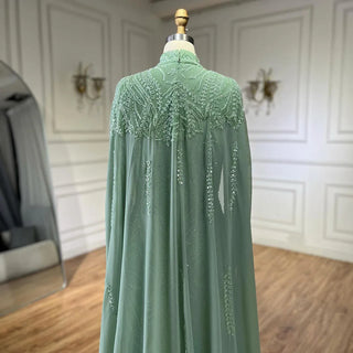 Ships in 1 to 3 Days - 2024 Muslim Sage Green Mermaid Cape Sleeves Beaded Satin Luxury Evening Dresses Gowns for Women Party