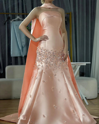 Ships in 1 to 3 Days - Luxury 3D Leaves Pink Satin Mermaid Evening Dress with Cape - Dubai Arabic Women Wedding Prom Party Gown