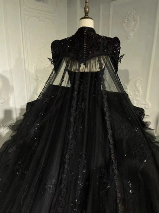 Elegant Black Gothic Ball Gown - Exquisite Off-Shoulder Beaded Evening Dress with Ruffled Layers and Cape