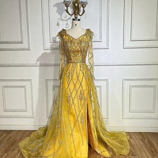 Ships in 1 to 3 Days - 2024 Muslim Gold Mermaid Evening Gown - Luxury Beaded Dress with Overskirt for Dubai Parties