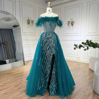 Blue Diamond Feather Mermaid Evening Dress with Overskirt - Wedding Party Gown for Women 2024