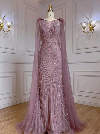 Pink Mermaid Evening Dress - Elegant Cape Sleeves with Luxury Feathers and Beading for Women's Party 2024