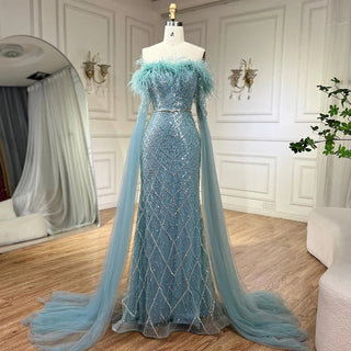 Elegant Cape Sleeves Mermaid Evening Dresses Gowns Luxury Feathers Beaded 2024 For Women Wedding Party