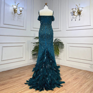 Green Mermaid Off-Shoulder Evening Gown: High Split Feather Beaded Elegance for Women's Parties 2024