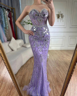 Arabic Blue Elegant Strapless Mermaid Beaded Luxury Dubai Evening Dresses Gowns 2024 for Women's Party