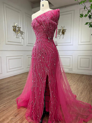 Ships in 1 to 3 Days - Fuchsia Radiance: 2024 Luxury Strapless Evening Dress with High Split, Beaded Elegance, and Dubai Glamour