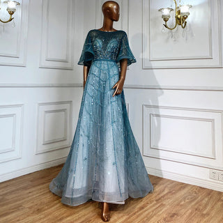 Turquoise A-Line Luxury Beaded Long Flare Sleeves Evening Dresses Gowns 2024 - For Women's Wedding Party