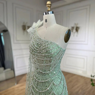 Ships in 1 to 3 Days - Sage Green One-Shoulder Mermaid Evening Gown - Luxurious Dubai Arabic Design with Pearls