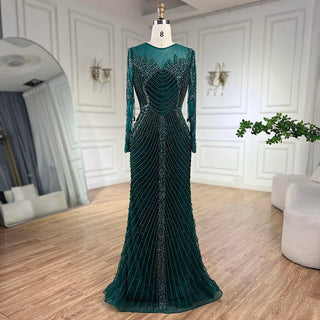 Luxury Crystal Pearls Dubai Nude Evening Dress - Long Sleeves Formal Prom Party Gown for Women's Wedding