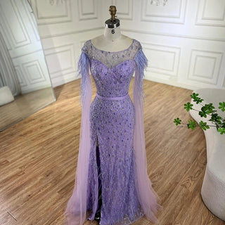 Ships in 1 to 3 Days - 2024 Pink Cape Sleeves Dubai Evening Gown Mermaid with Side Skirt and Feather Beaded Dress for Women's Party